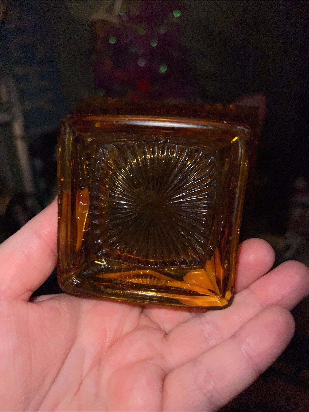 VTG Amber Carnival Glass Nut Candy Bowl Rippled Rim Detailed Design Square - Picture 5 of 10